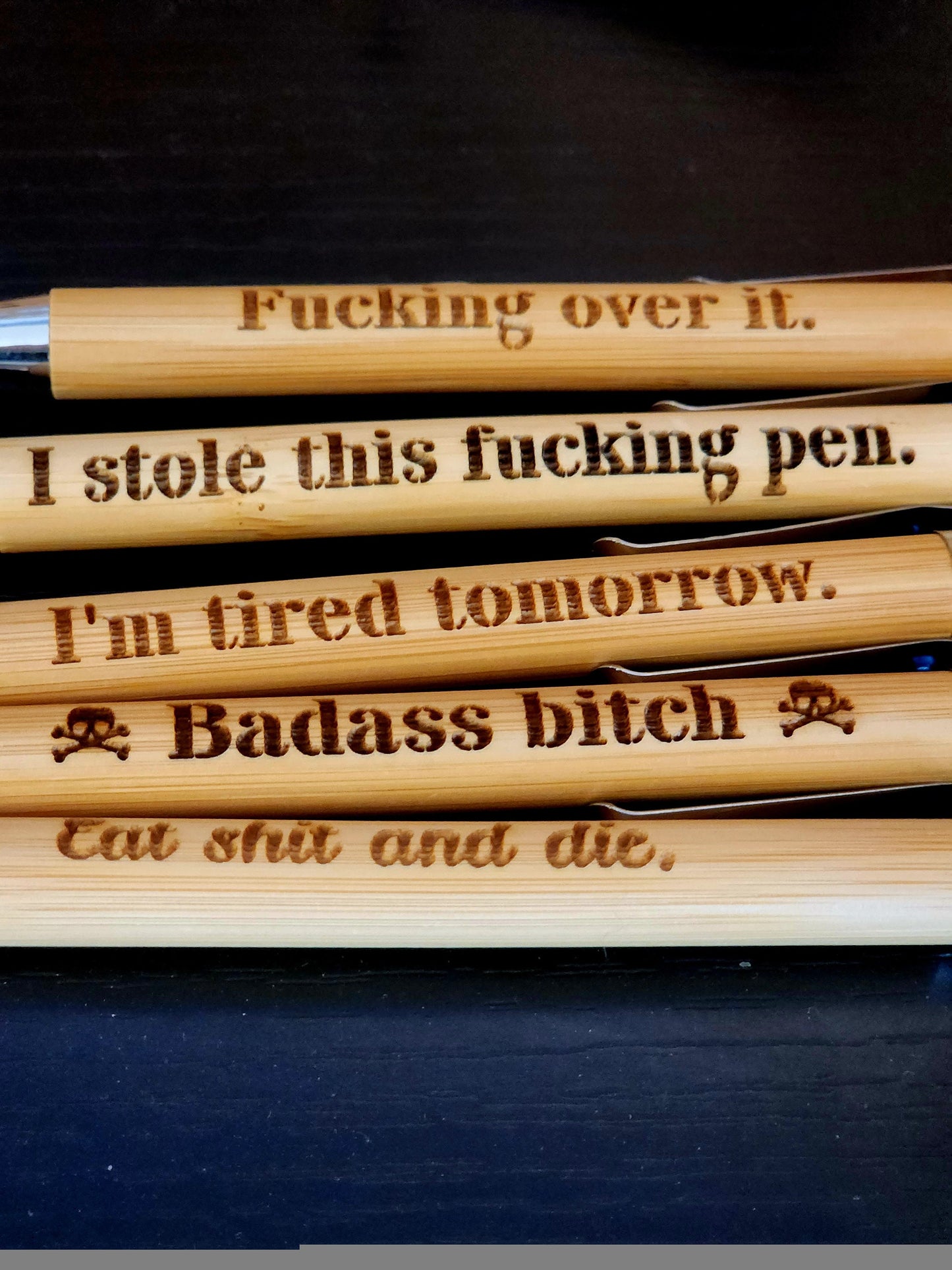 Offensive Snarky Sarcastic Engraved Bamboo Pens, Refillable Black Ink, Several Options for Saying, Funny Gag Gift, Fucking Over it Pen