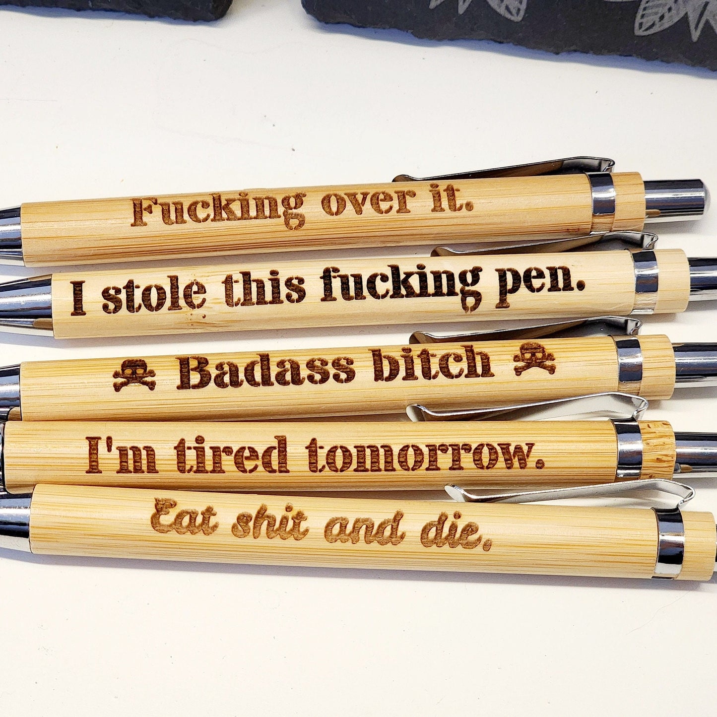 Offensive Snarky Sarcastic Engraved Bamboo Pens, Refillable Black Ink, Several Options for Saying, Funny Gag Gift, Fucking Over it Pen